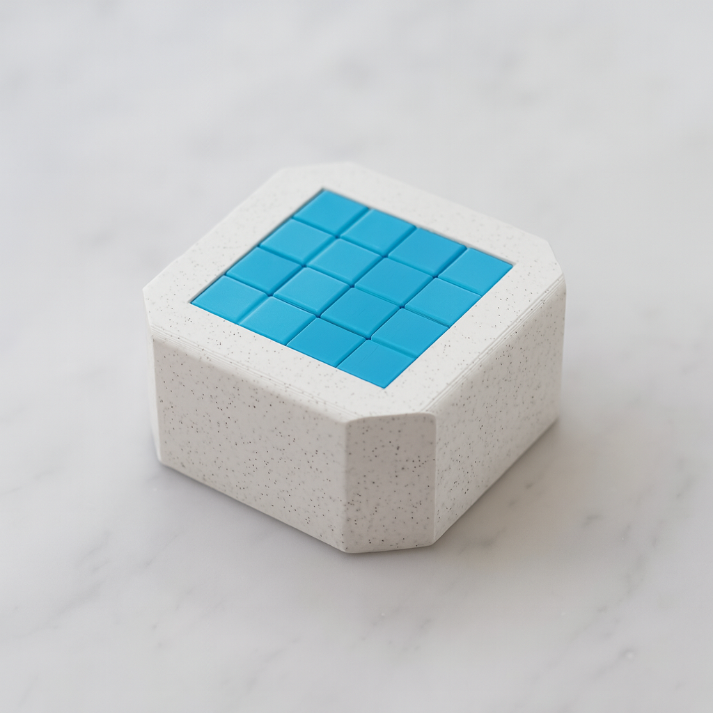 Tenchi Puzzle mechanical puzzle on white marble surface