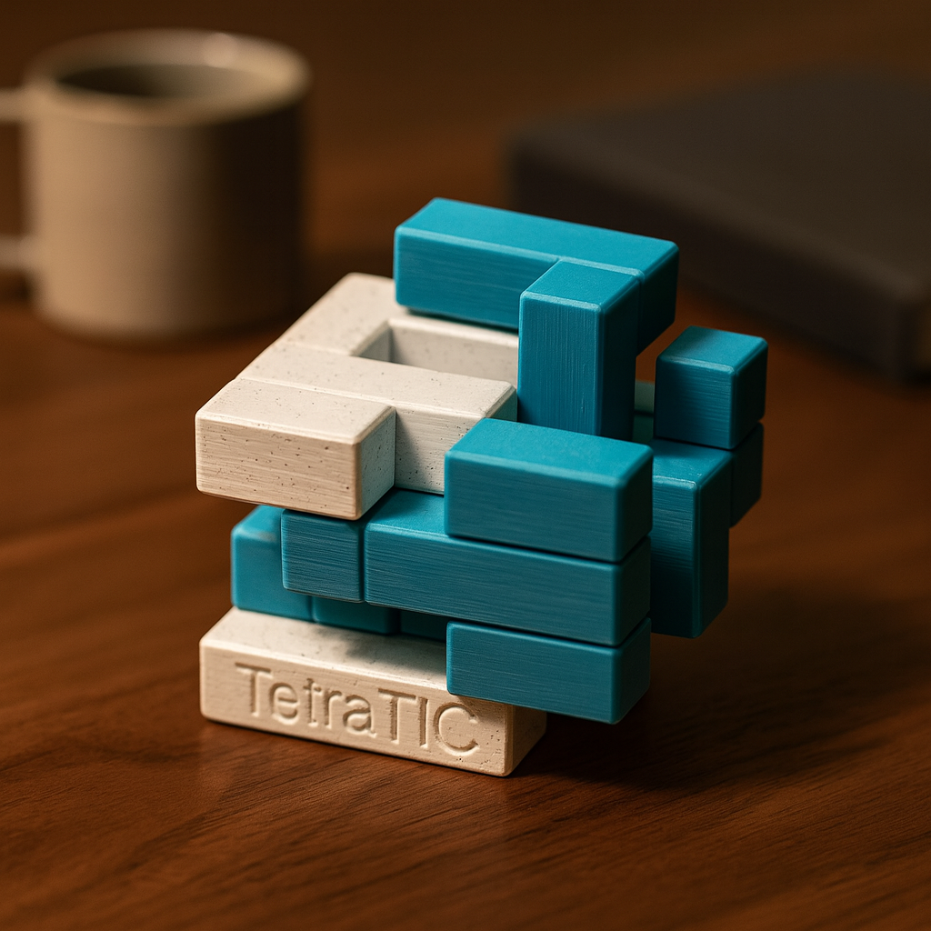 TetraTIC mechanical puzzle on wooden desk