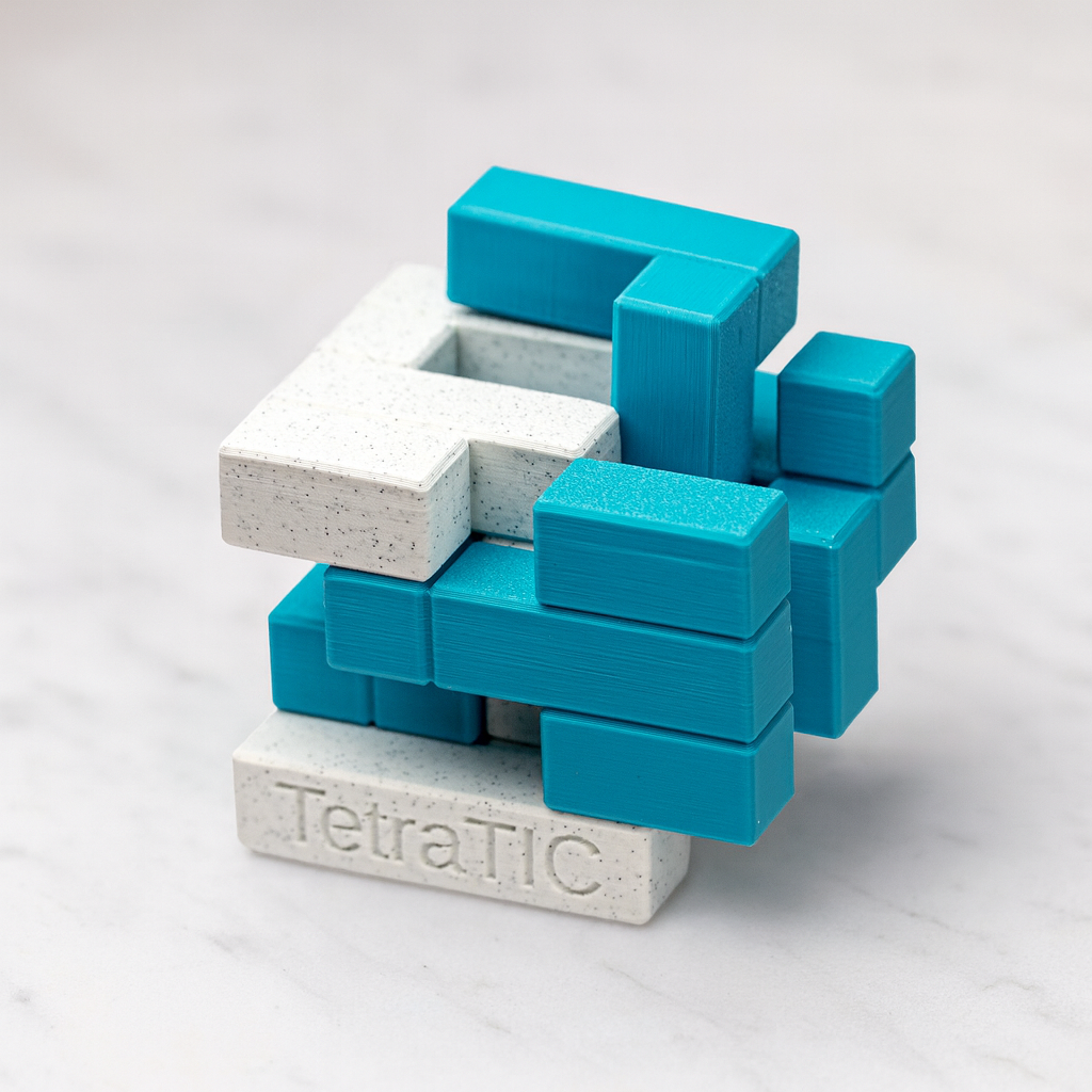 TetraTIC mechanical puzzle on white marble surface