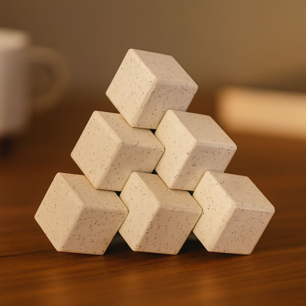 Three-Piece Block mechanical puzzle on wooden desk