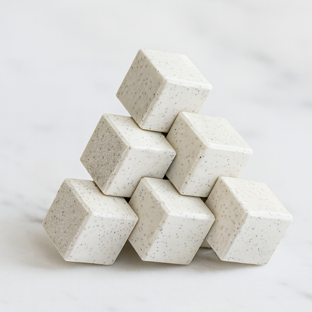 Three-Piece Block mechanical puzzle on white marble surface