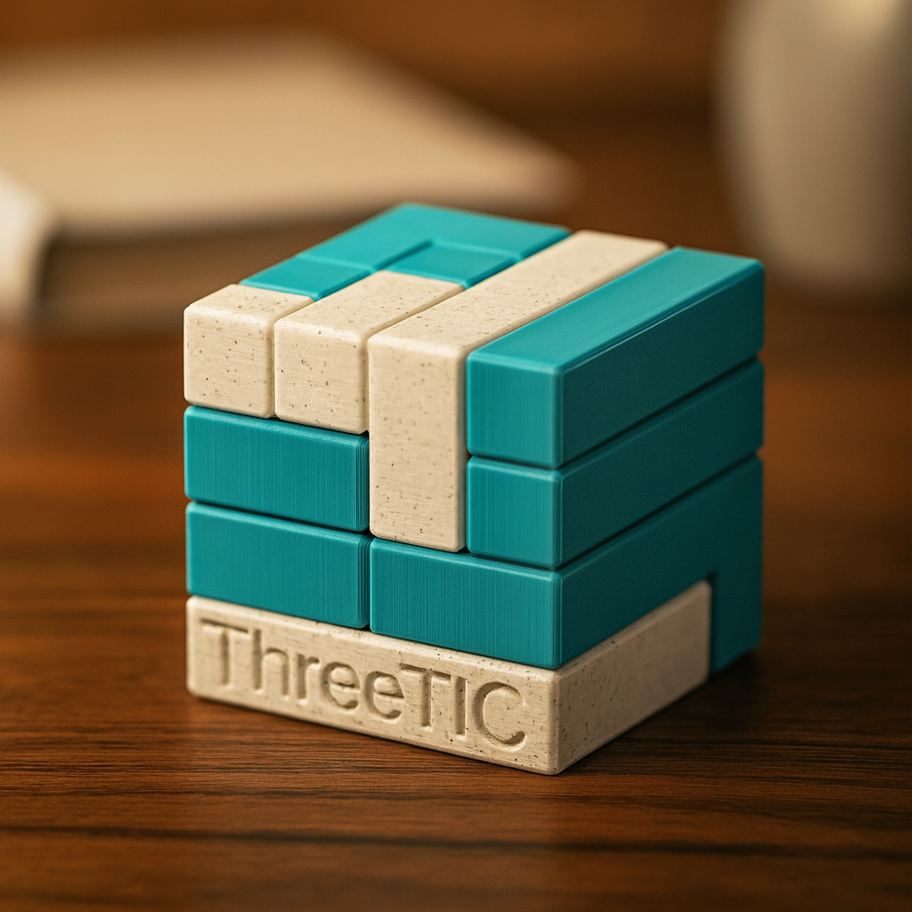 ThreeTIC Puzzle mechanical puzzle on wooden desk