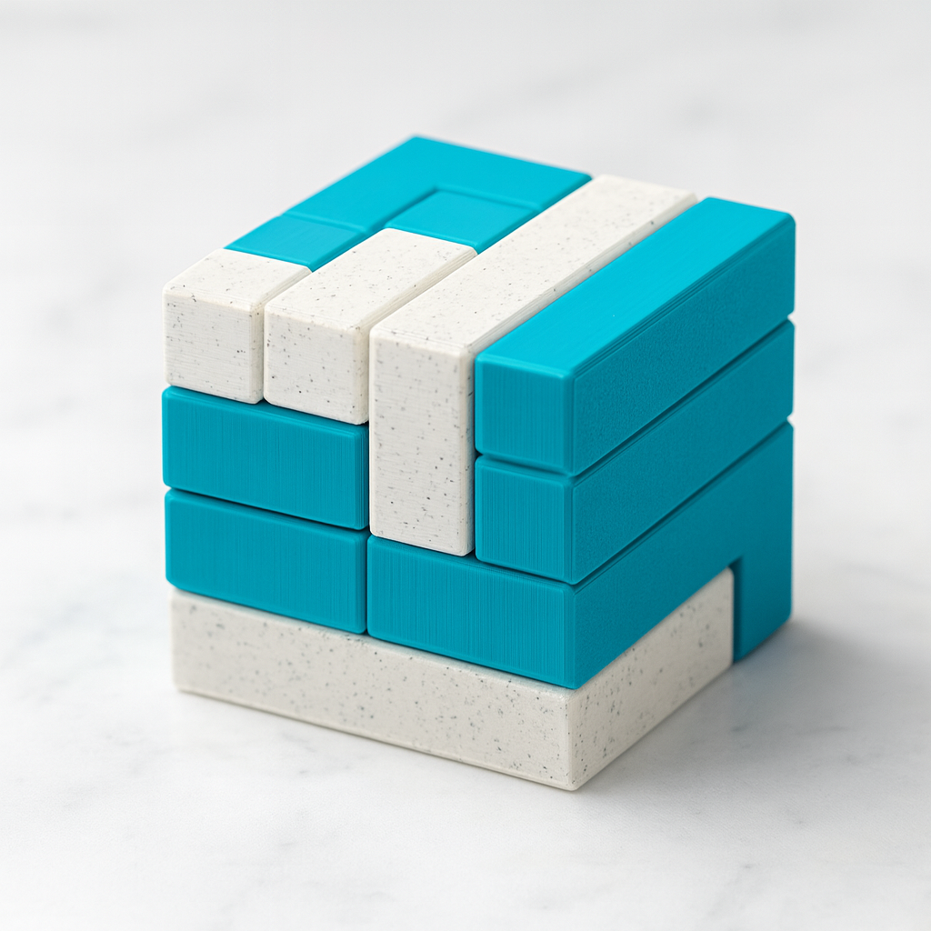 ThreeTIC Puzzle mechanical puzzle on white marble surface