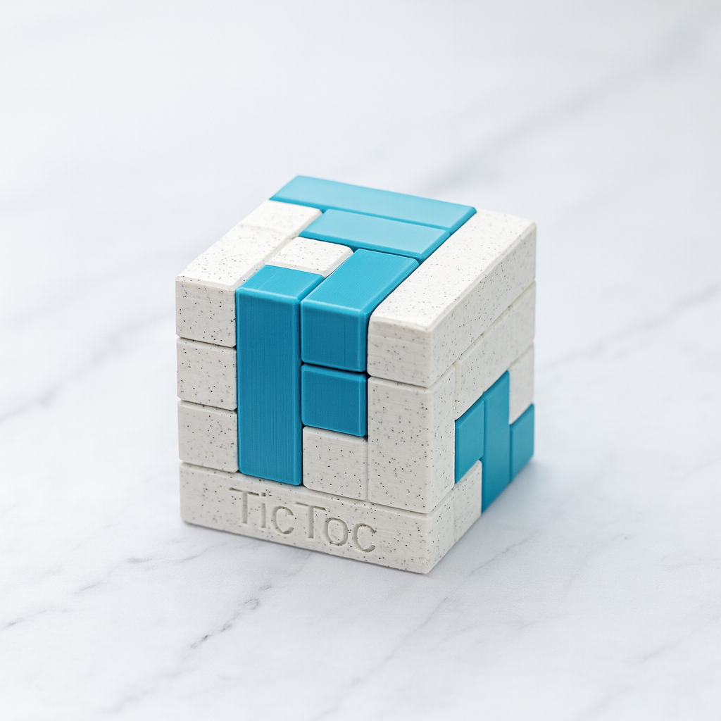 TicToc mechanical puzzle on white marble surface