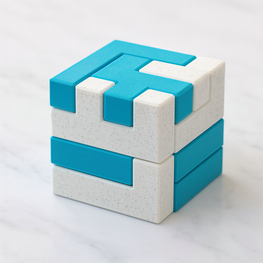 TriadTIC Puzzle mechanical puzzle on white marble surface