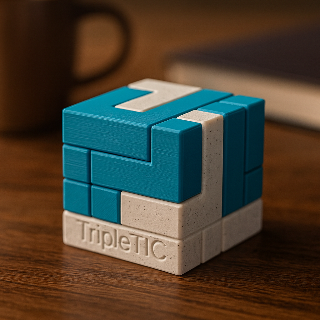 TripleTIC Puzzle mechanical puzzle on wooden desk