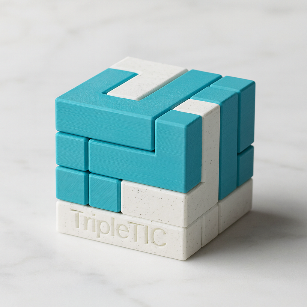 TripleTIC Puzzle mechanical puzzle on white marble surface