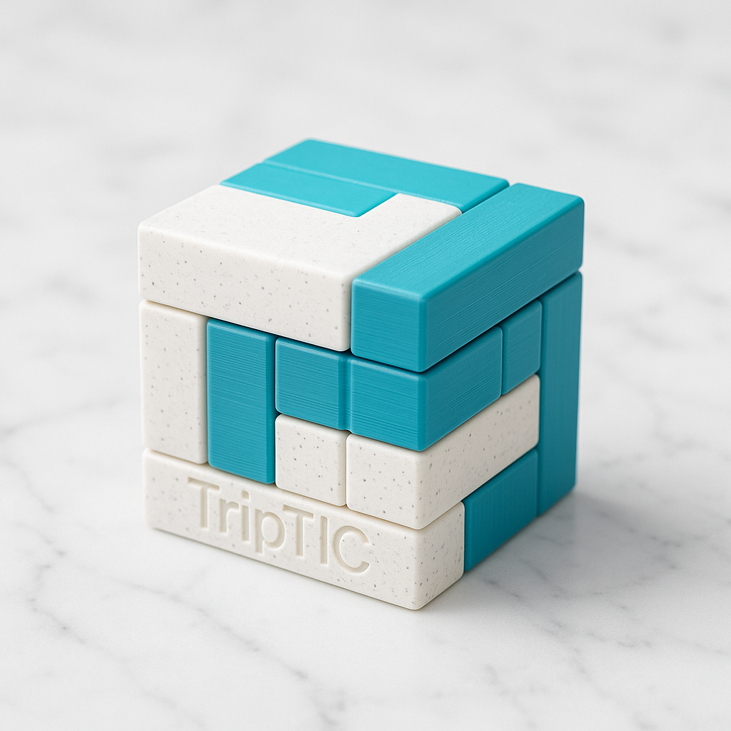 TripTIC Puzzle mechanical puzzle on white marble surface