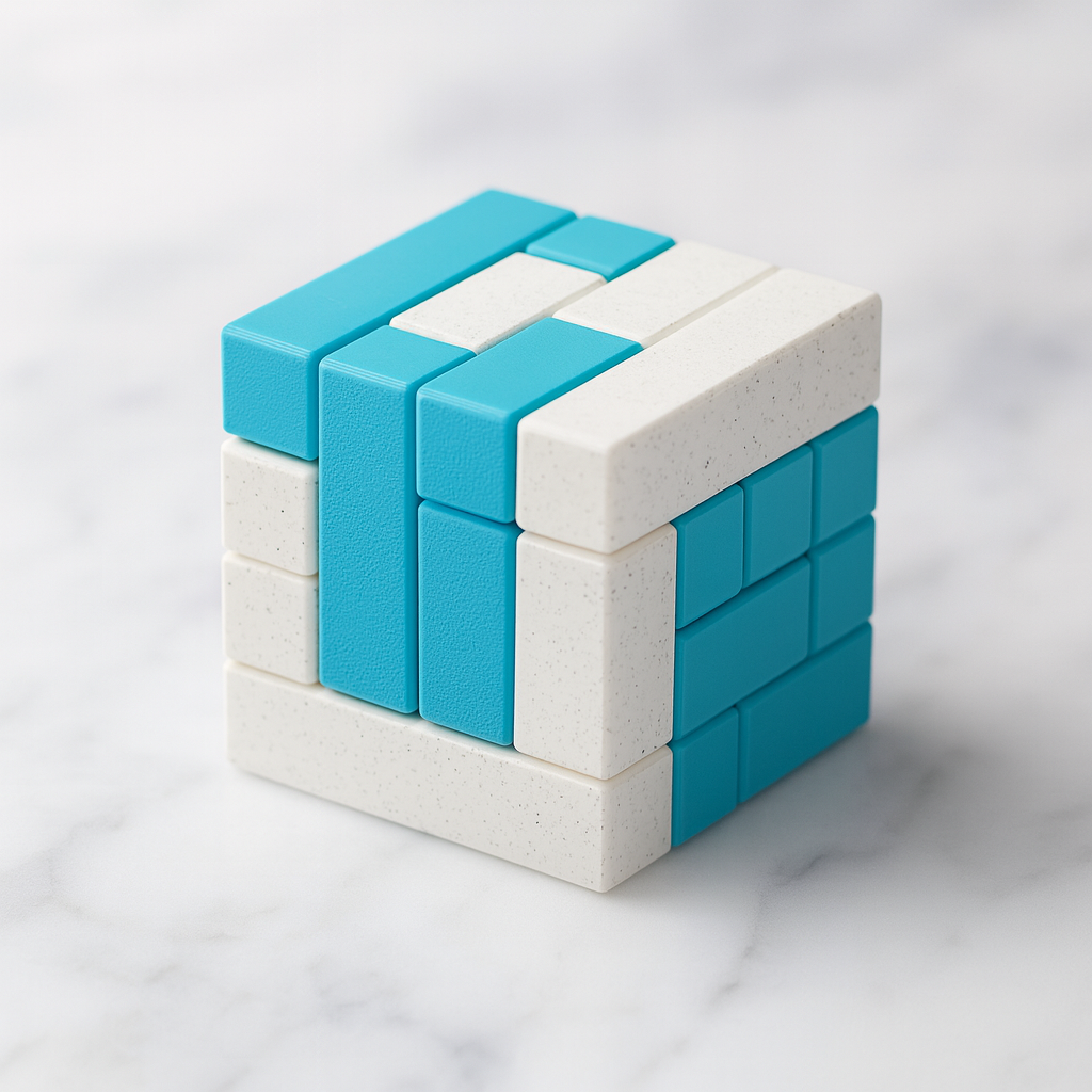 TriTIC Puzzle mechanical puzzle on white marble surface