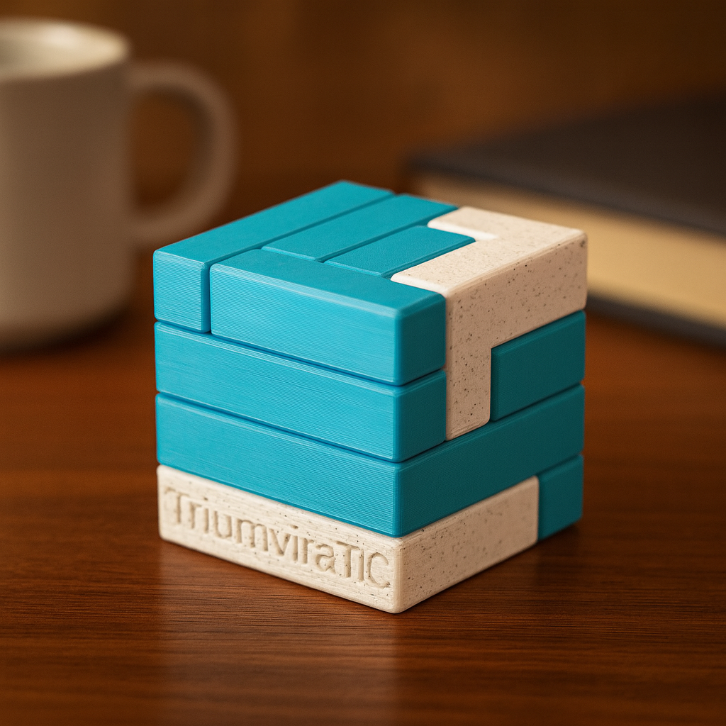 TriumviraTIC Puzzle mechanical puzzle on wooden desk