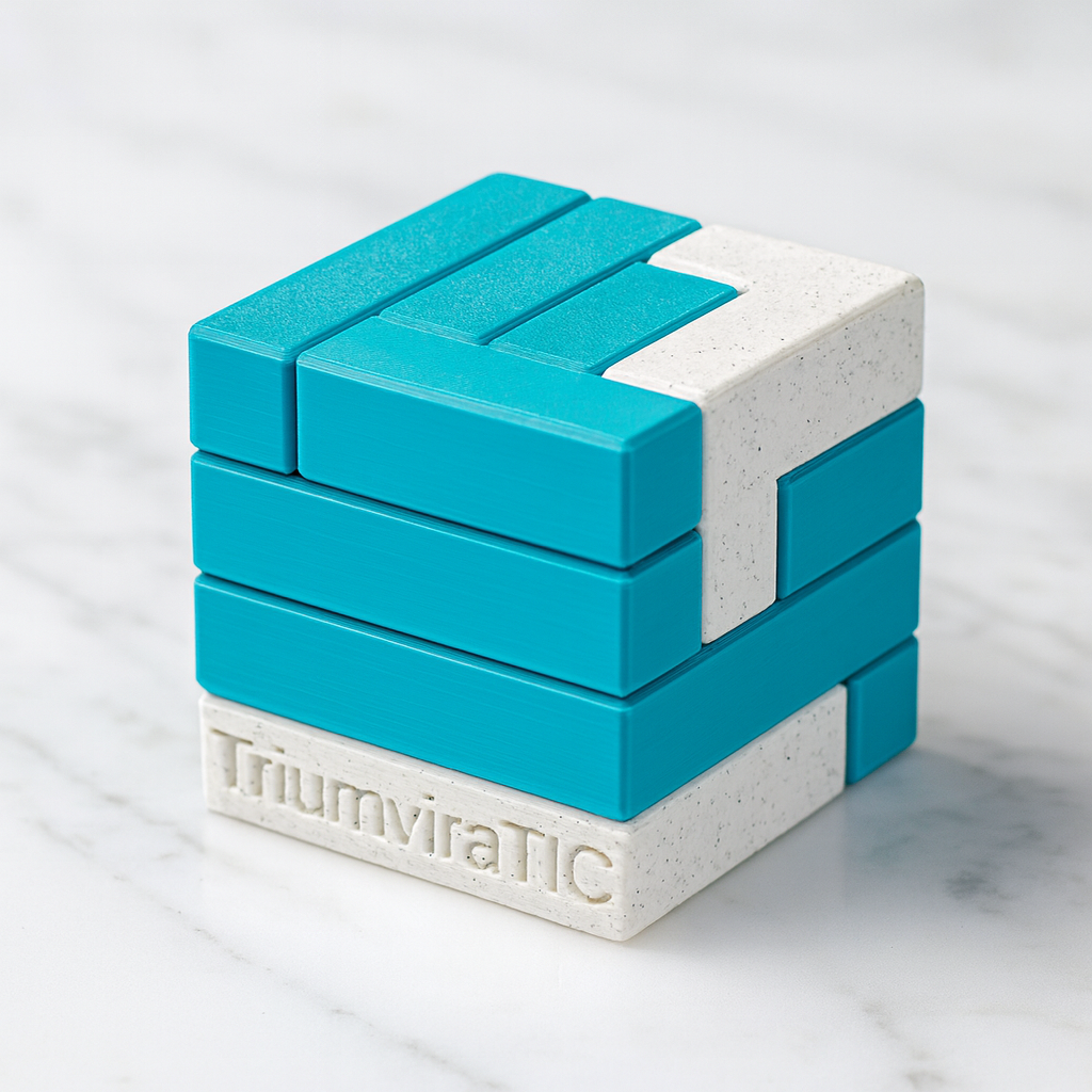TriumviraTIC Puzzle mechanical puzzle on white marble surface