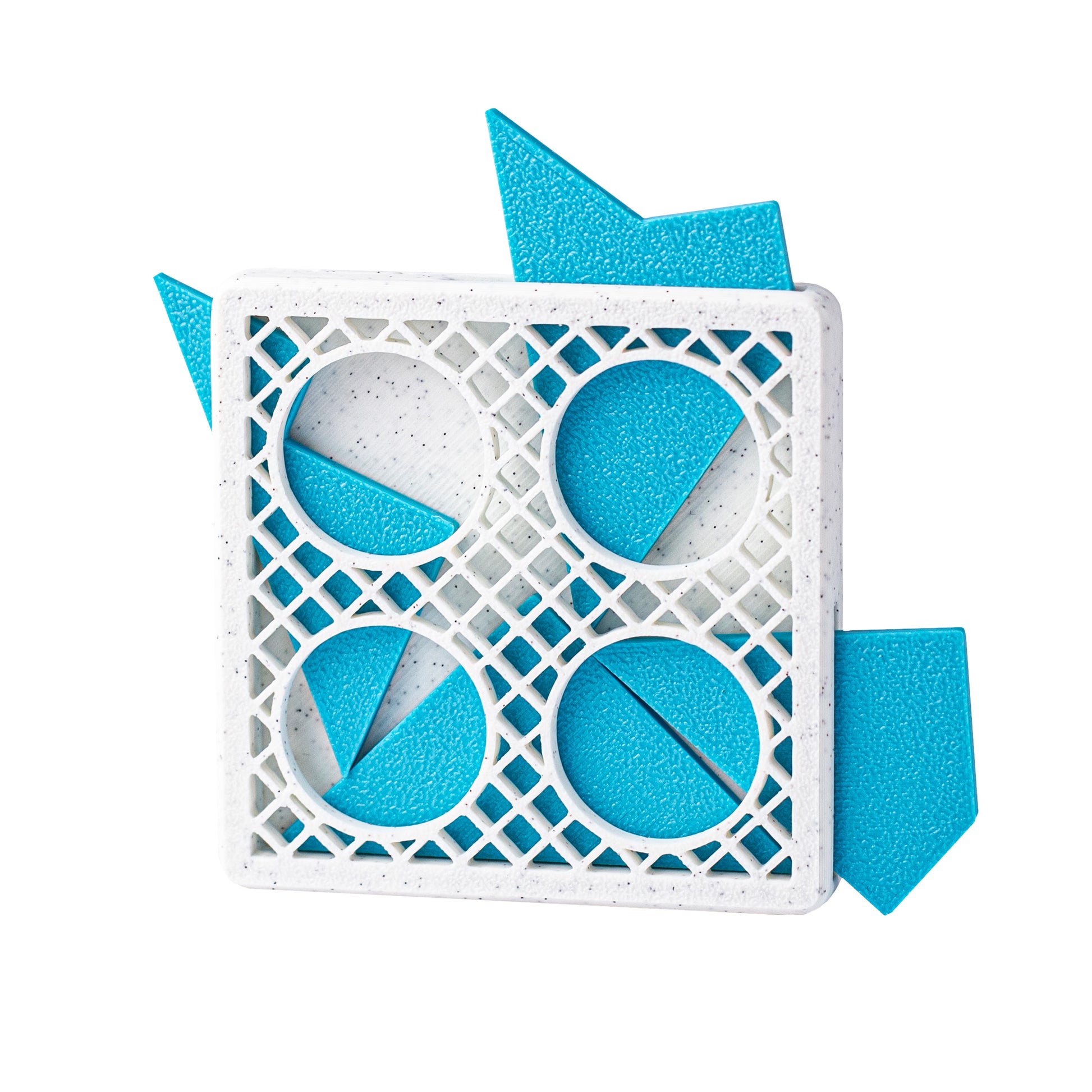 Turbulence | 4-Piece Packing Puzzle — 3D-printed pieces shown at an angle.