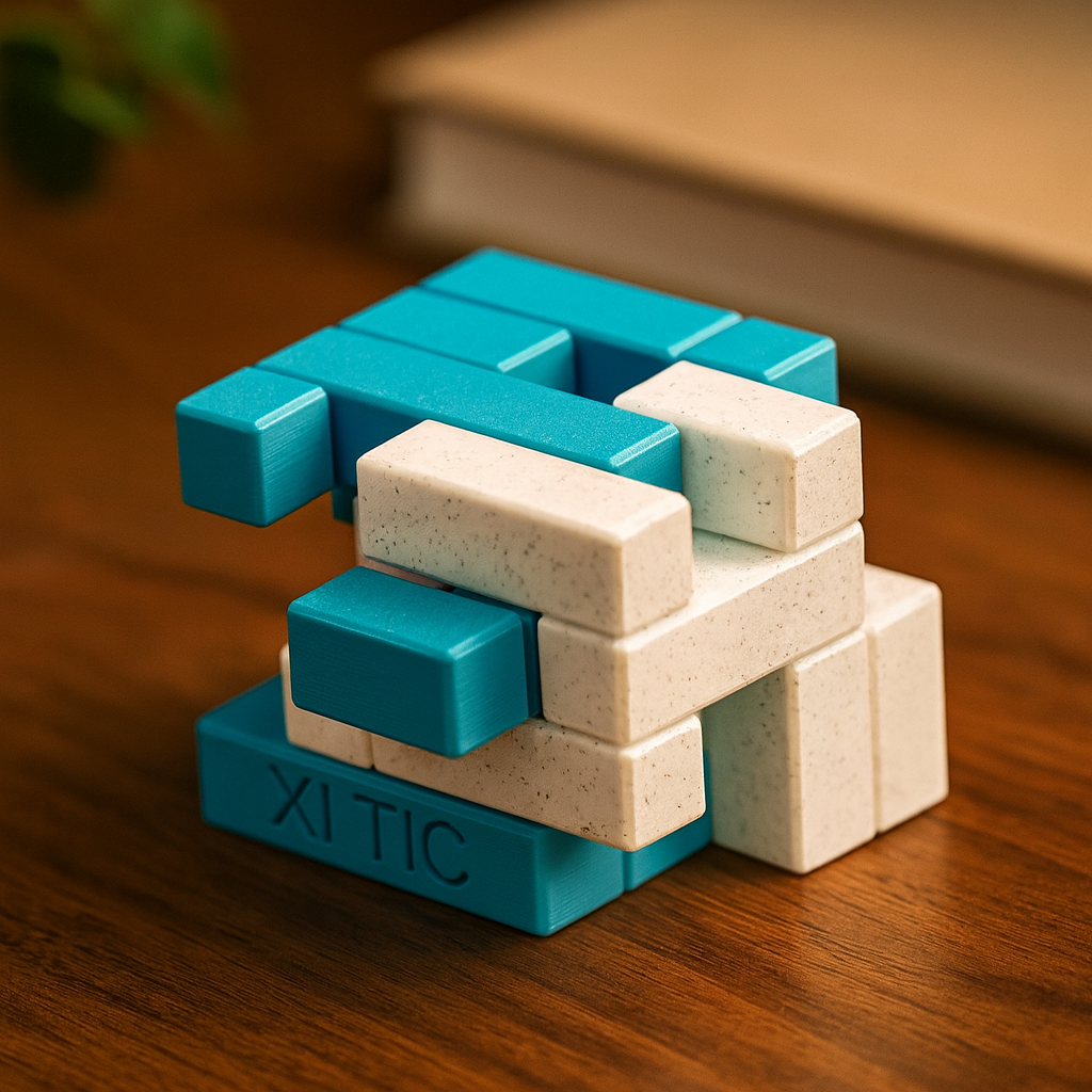 XI TIC mechanical puzzle on wooden desk