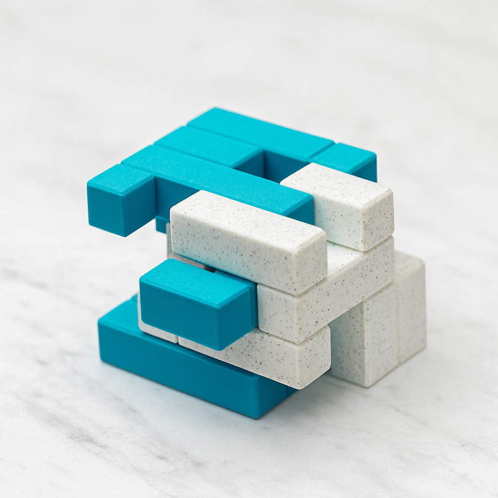XI TIC mechanical puzzle on white marble surface